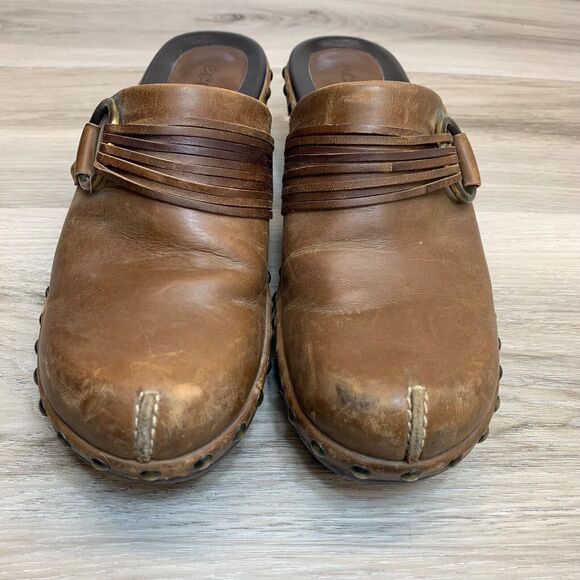 Ecco Leather Studded Slip On Size 6 EU 37 Mules Clogs Chunky Strap Boho Brown - Picture 7 of 14